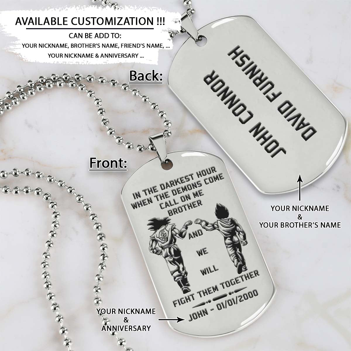 Dragon Ball Dog Tag - Call On Me Brother - Goku - Vegeta - Dragon Ball Necklace - Engrave Dog Tag