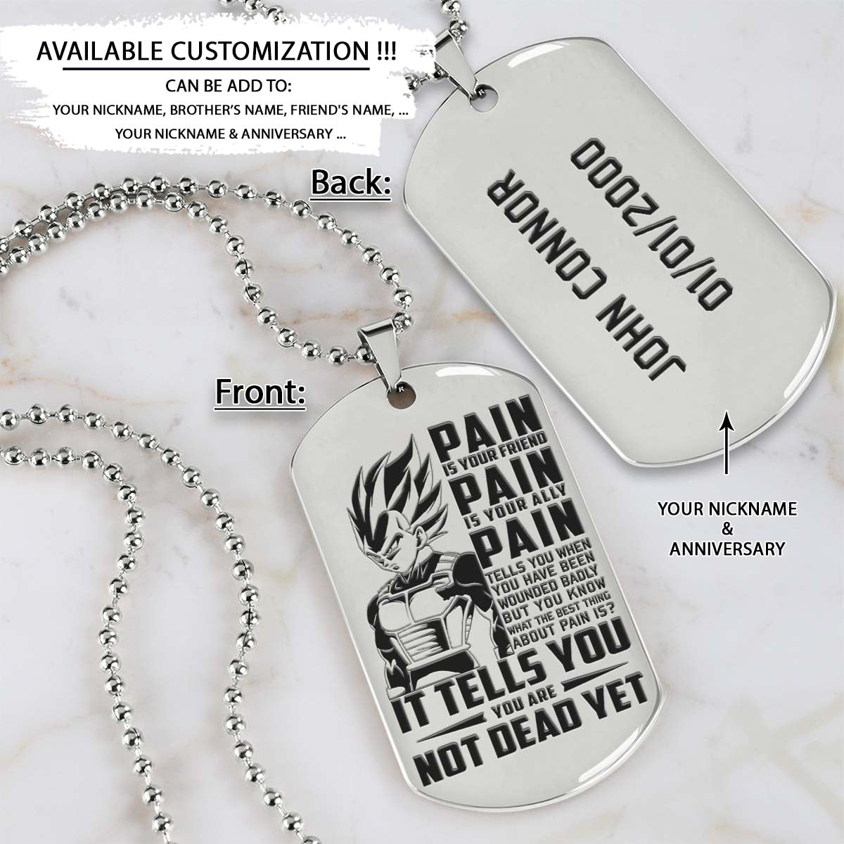 Dragon Ball Dog Tag - PAIN - You Are Not Dead Yet - Vegeta - Dragon Ball Necklace - Engrave Dog Tag