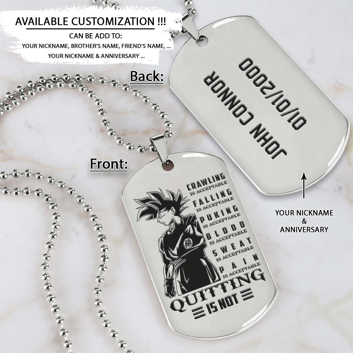 Dragon Ball Dog Tag - Quitting Is Not - Goku - Dragon Ball Necklace - Engrave Dog Tag