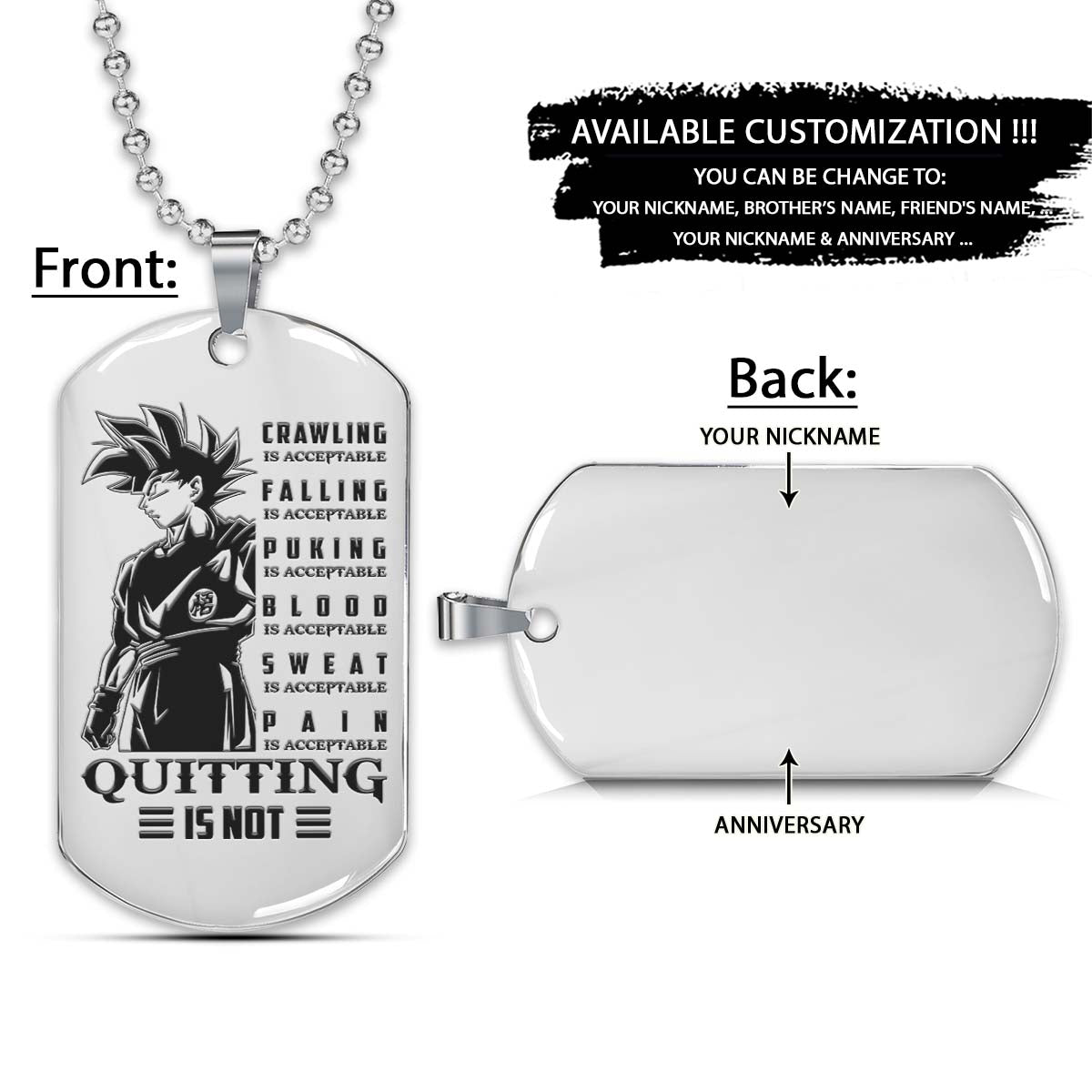 Dragon Ball Dog Tag - Quitting Is Not - Goku - Dragon Ball Necklace - Engrave Dog Tag