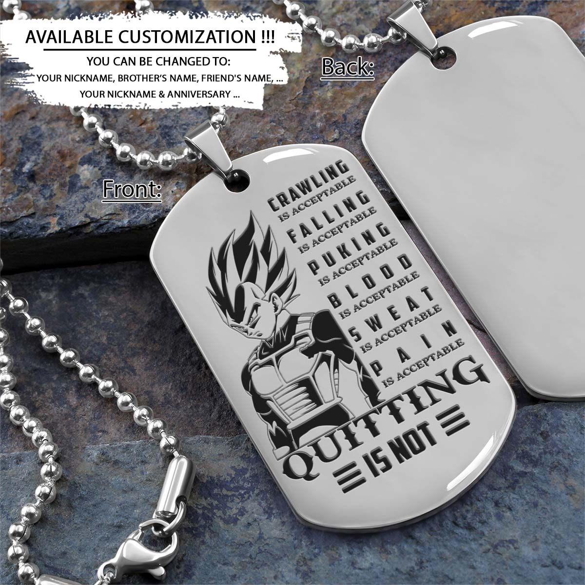 Dragon Ball Dog Tag - Quitting Is Not - Vegeta - Dragon Ball Necklace - Engrave Dog Tag