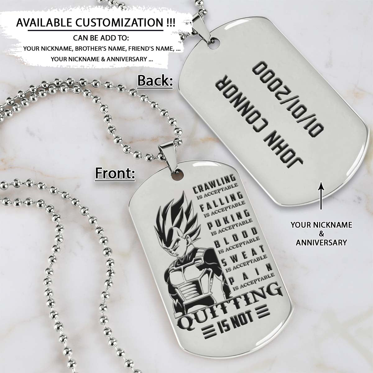 Dragon Ball Dog Tag - Quitting Is Not - Vegeta - Dragon Ball Necklace - Engrave Dog Tag