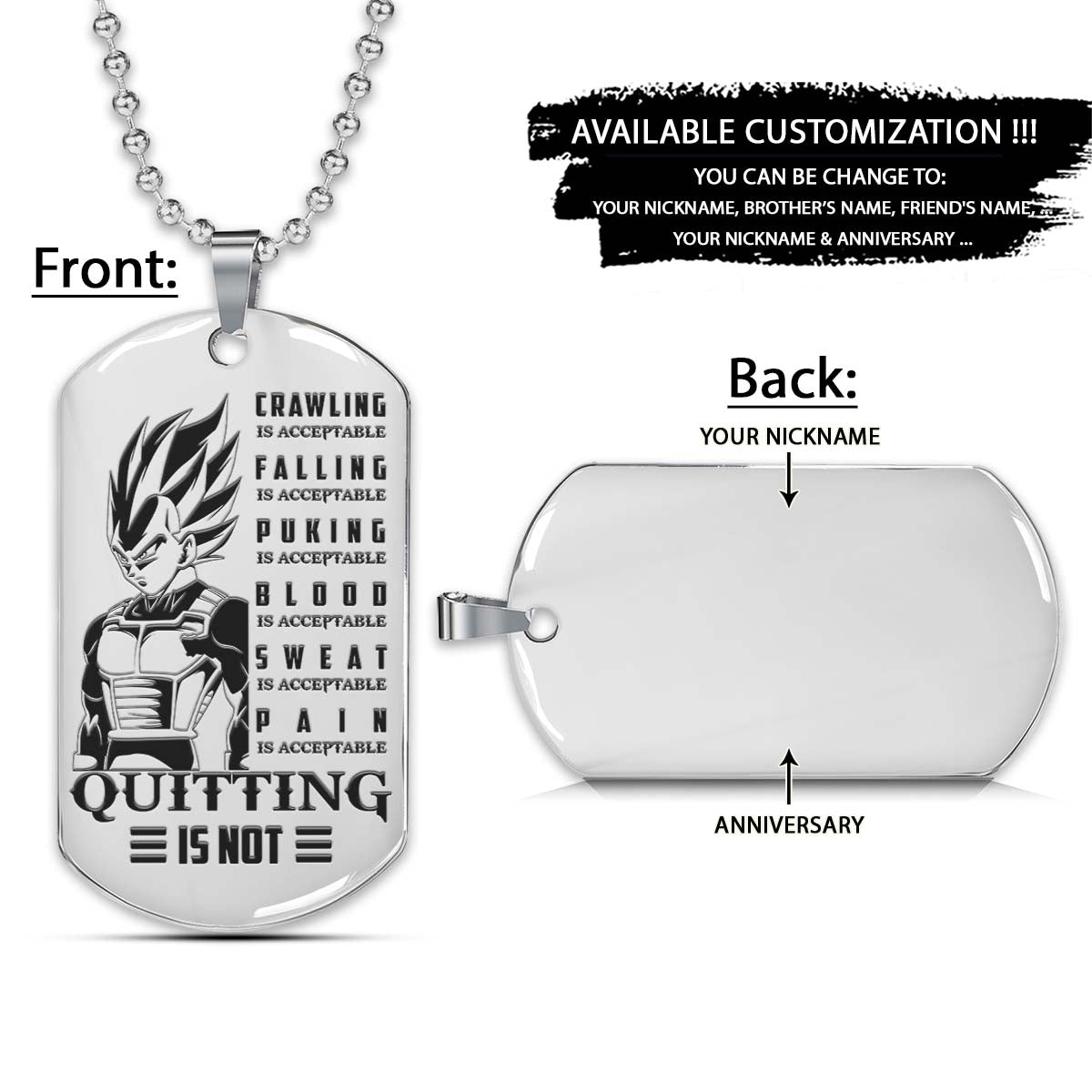 Dragon Ball Dog Tag - Quitting Is Not - Vegeta - Dragon Ball Necklace - Engrave Dog Tag