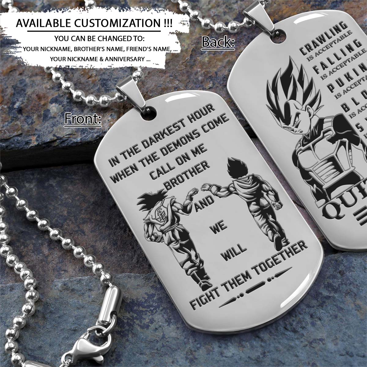 Dragon Ball Dog Tag - Call On Me Brother - Quitting Is Not - Goku - Vegeta - Dragon Ball Necklace - Engrave Dog Tag