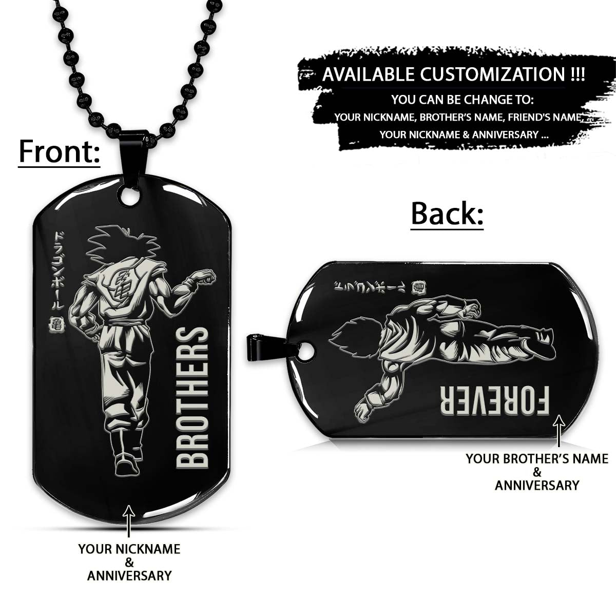 Dragon Ball Dog Tag - Brother Forever - Goku - Vegeta - Dragon Ball Necklace - Engrave Dog Tag