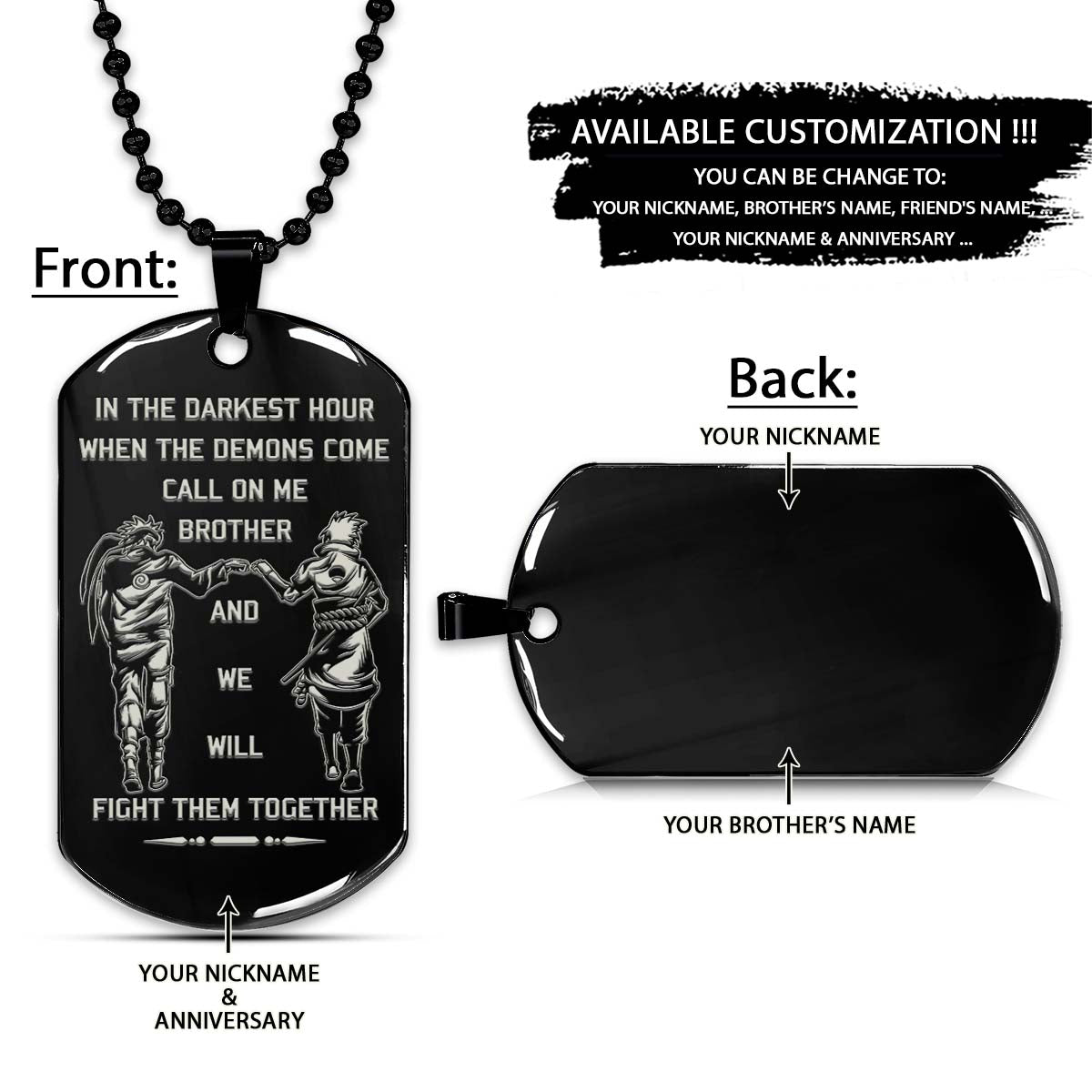 Naruto Dog Tag - Call On Me Brother - Uzumaki Naruto - Uchiha Sasuke - Naruto Necklace - Engrave Dog Tag