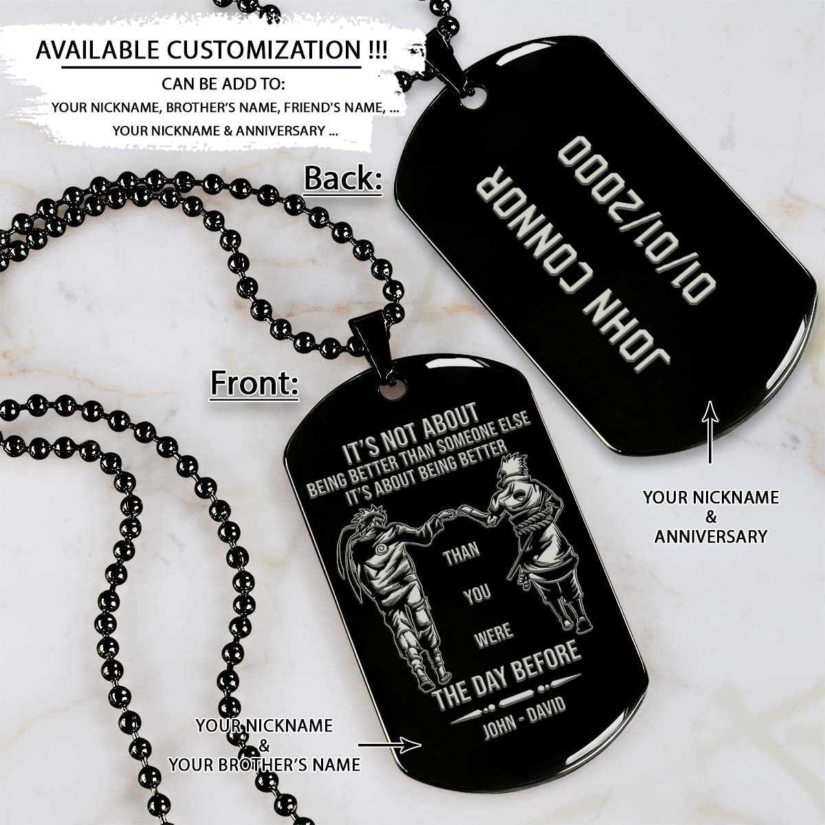 Naruto Dog Tag - It's About Being Better Than You Were The Day Before - Uzumaki Naruto - Uchiha Sasuke - Naruto Necklace - Engrave Dog Tag