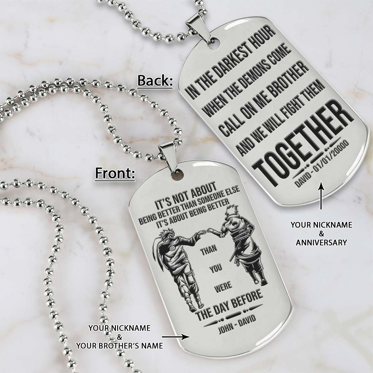 Naruto Dog Tag - Call On Me Brother - It's About Being Better Than You Were The Day Before - Uzumaki Naruto - Uchiha Sasuke - Naruto Necklace - Engrave Dog Tag