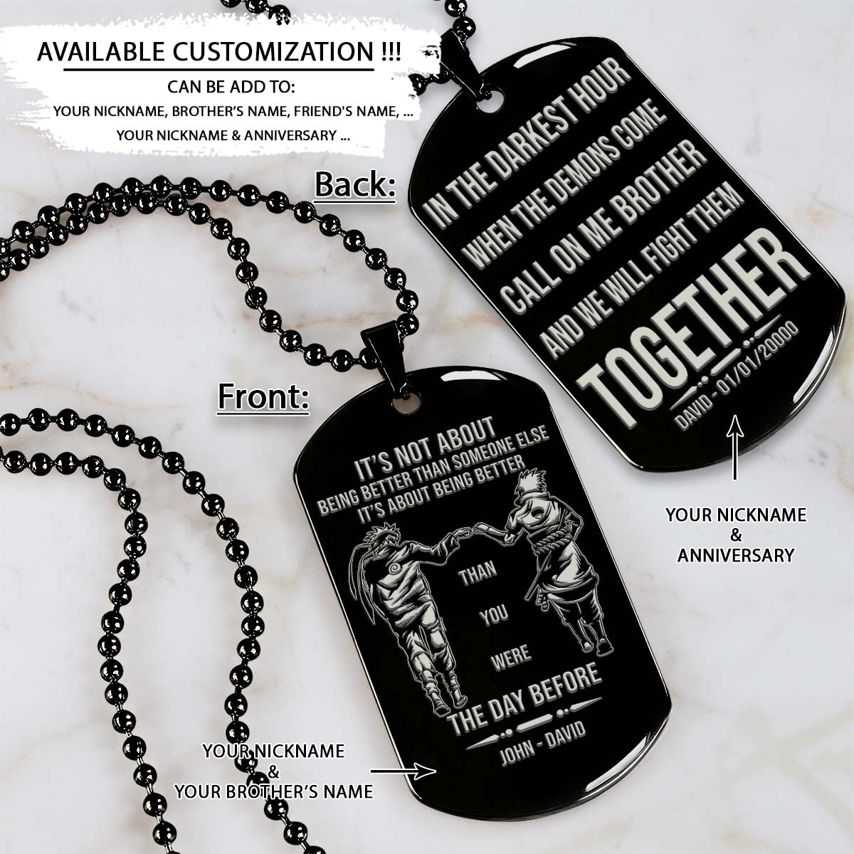 Naruto Dog Tag - Call On Me Brother - It's About Being Better Than You Were The Day Before - Uzumaki Naruto - Uchiha Sasuke - Naruto Necklace - Engrave Dog Tag