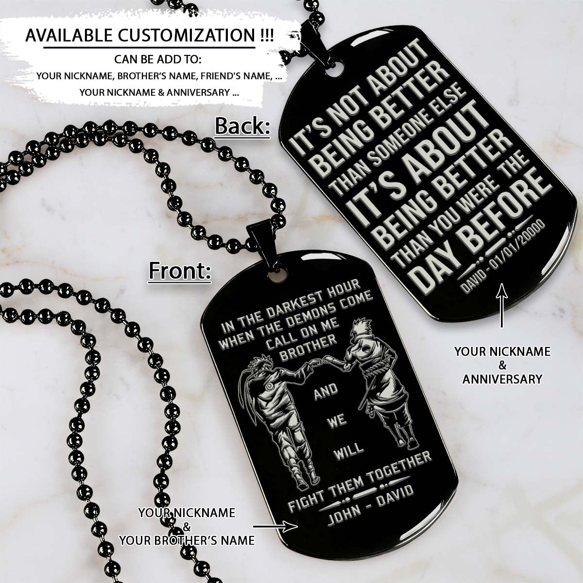 Naruto Dog Tag - Call On Me Brother - It's About Being Better Than You Were The Day Before - Uzumaki Naruto - Uchiha Sasuke - Naruto Necklace - Engrave Dog Tag