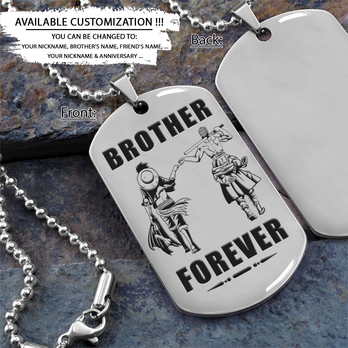 One Piece Dog Tag - Brother Forever - Monkey D. Luffy - Roronoa Zoro - One Piece Necklace - Engrave Dog Tag