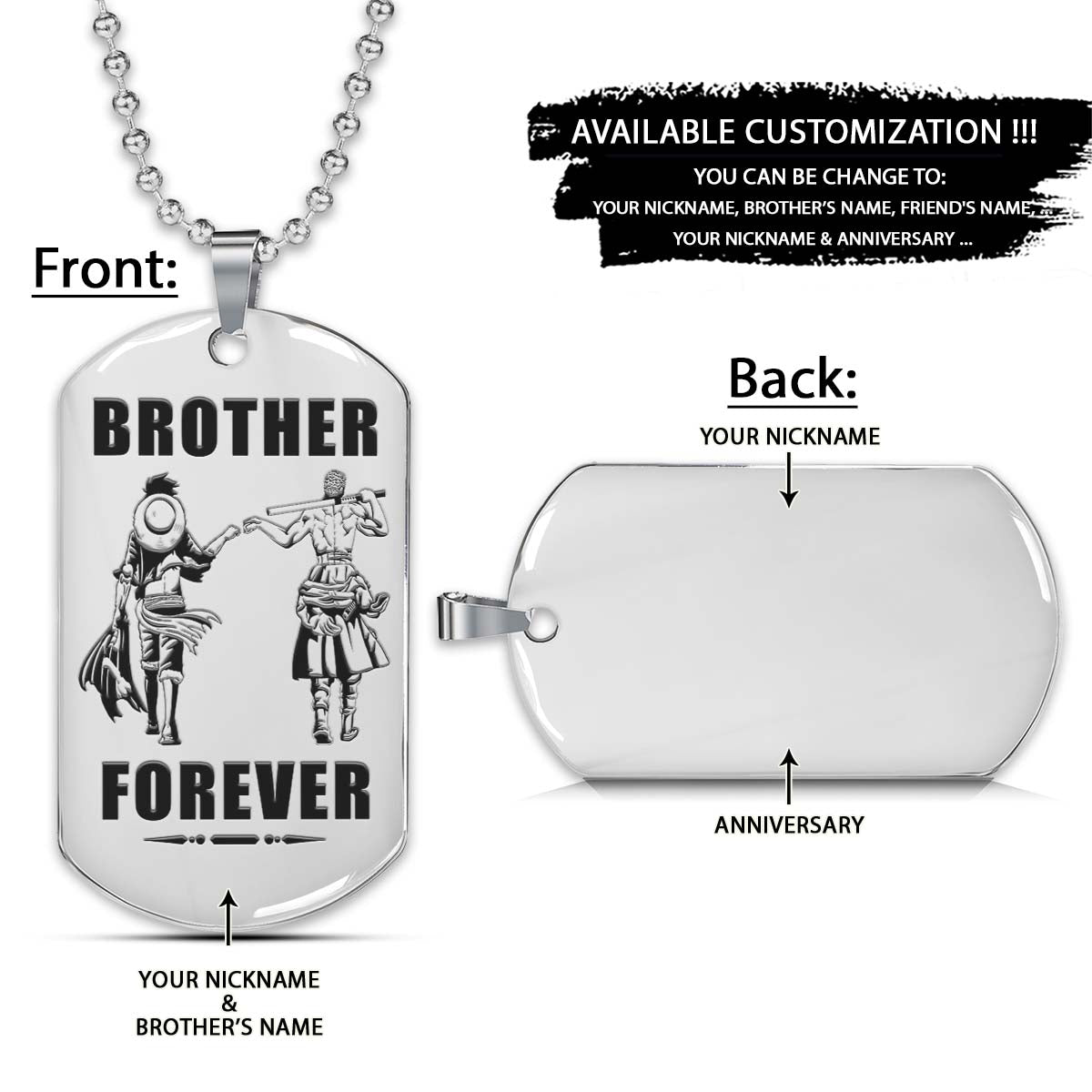 One Piece Dog Tag - Brother Forever - Monkey D. Luffy - Roronoa Zoro - One Piece Necklace - Engrave Dog Tag