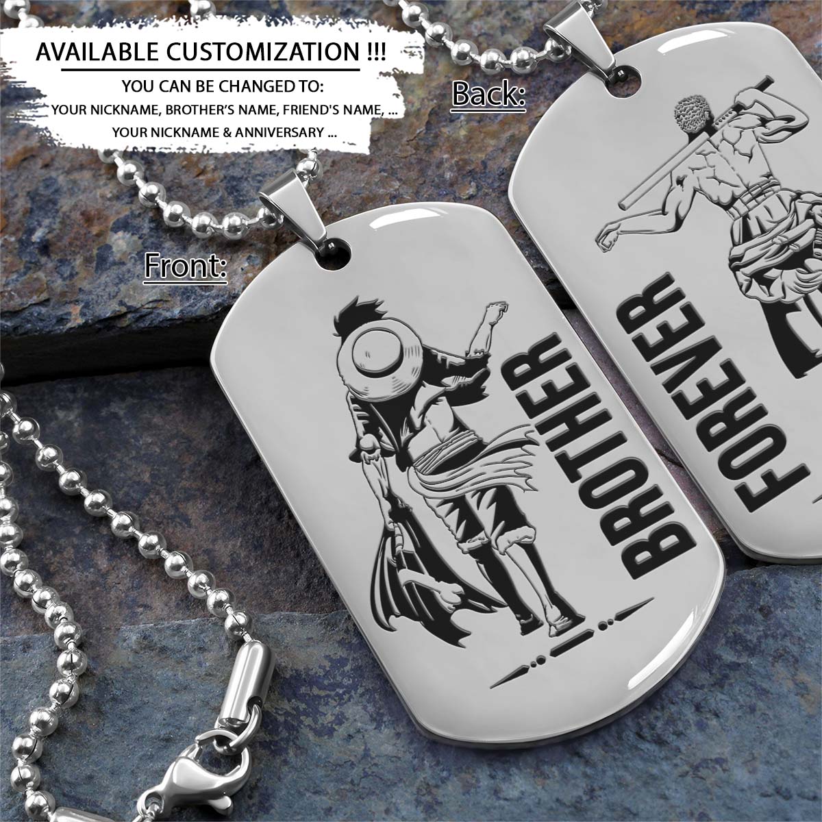 One Piece Dog Tag - Brother Forever - Monkey D. Luffy - Roronoa Zoro - One Piece Necklace - Engrave Dog Tag