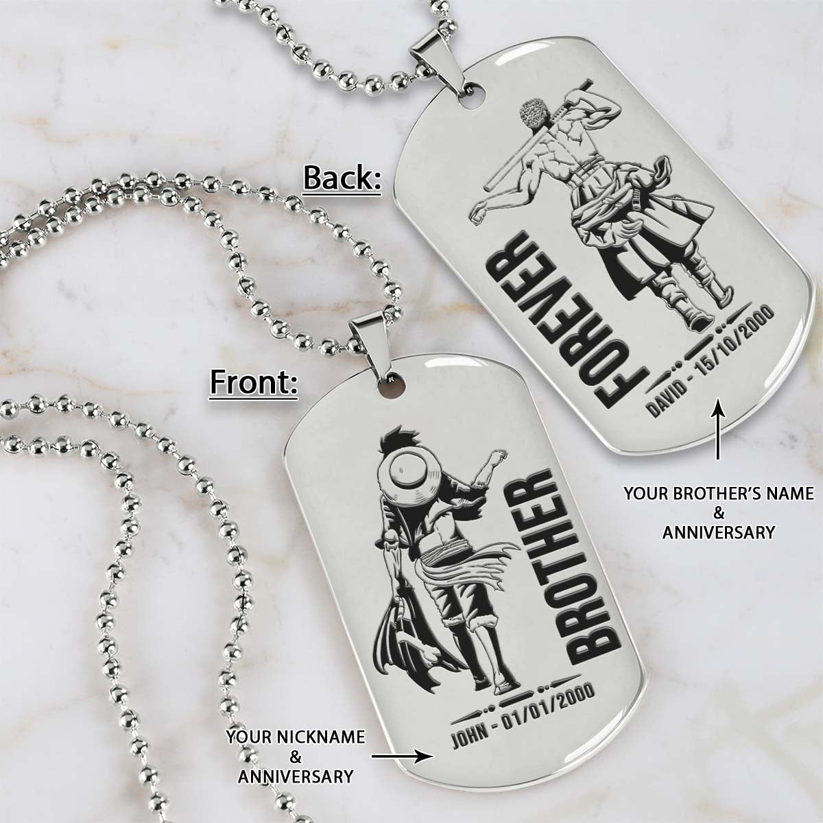 One Piece Dog Tag - Brother Forever - Monkey D. Luffy - Roronoa Zoro - One Piece Necklace - Engrave Dog Tag