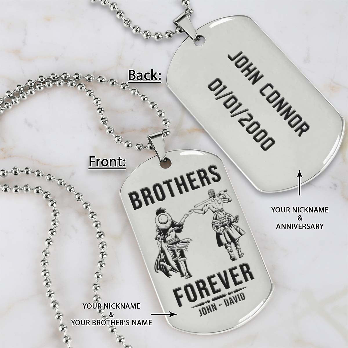 One Piece Dog Tag - Brothers Forever - Monkey D. Luffy - Roronoa Zoro - One Piece Necklace - Engrave Dog Tag