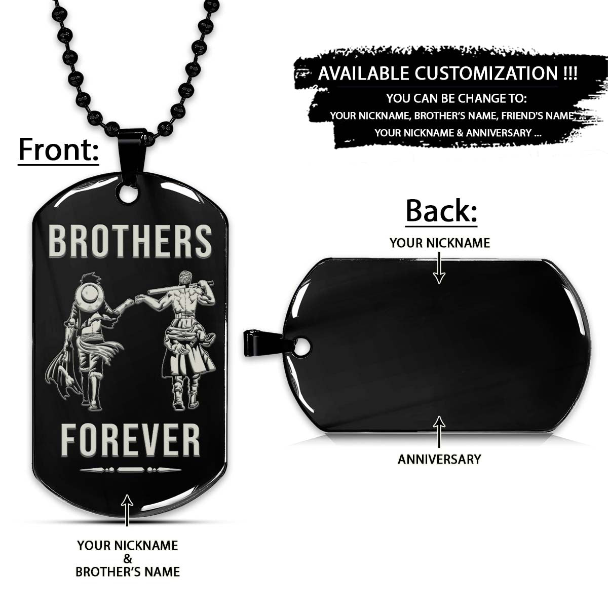 One Piece Dog Tag - Brothers Forever - Monkey D. Luffy - Roronoa Zoro - One Piece Necklace - Engrave Dog Tag