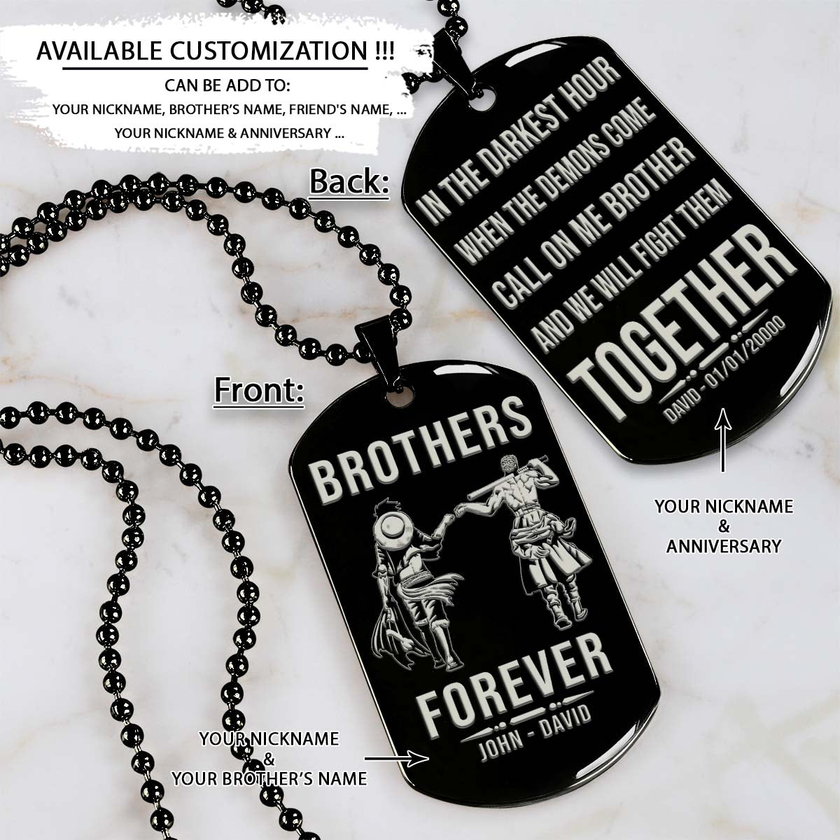 One Piece Dog Tag - Brothers Forever - Call On Me Brother - Monkey D. Luffy - Roronoa Zoro - One Piece Necklace - Engrave Dog Tag