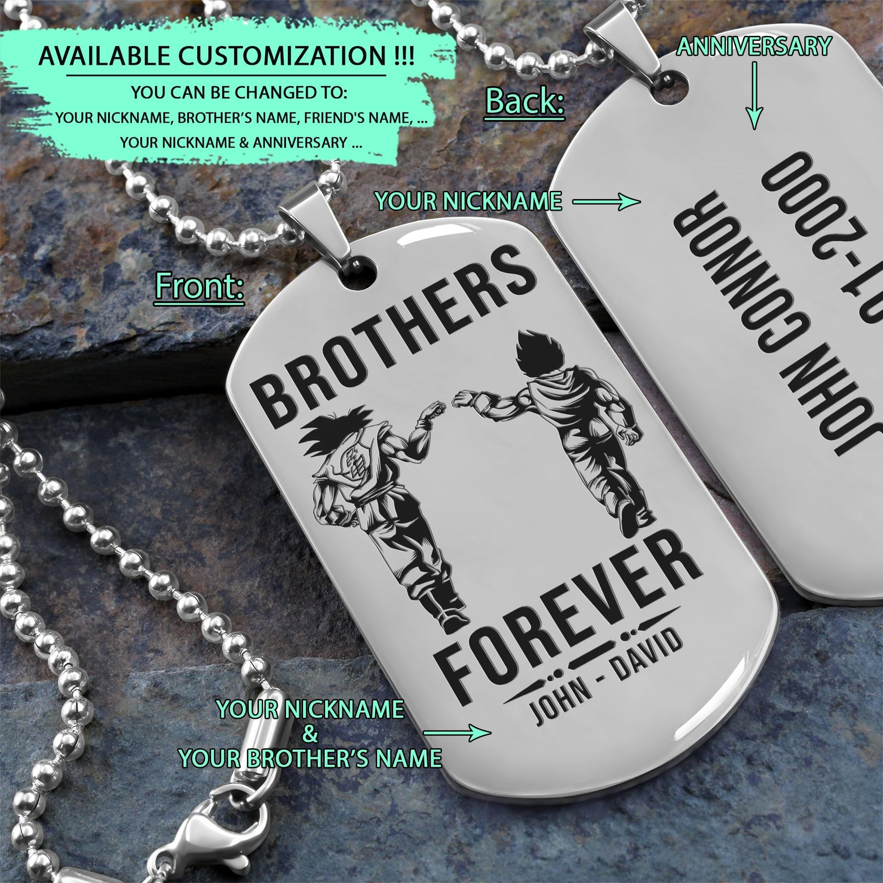 DRD042 - Brothers Forever - Goku - Vegeta - Dragon Ball Dog Tag - Engraved Silver Dog Tag